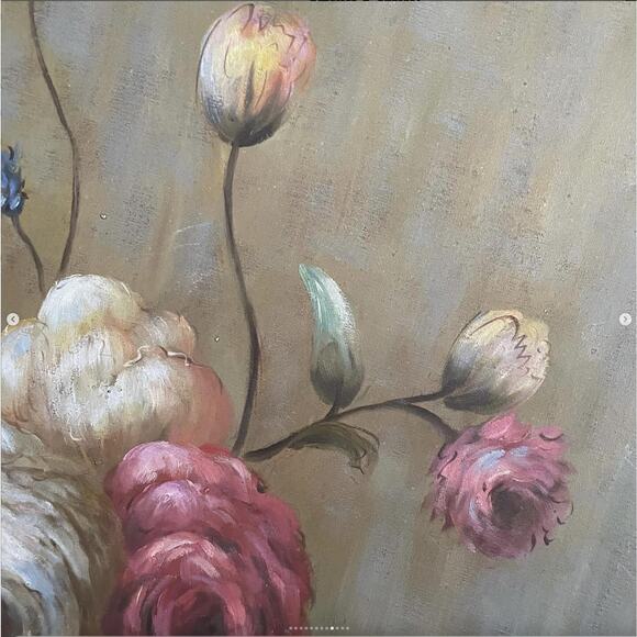 Vintage Flower Painting Large Floral Stretched Canvas Signed Pink Shabby 24x30" - Picture 7 of 10